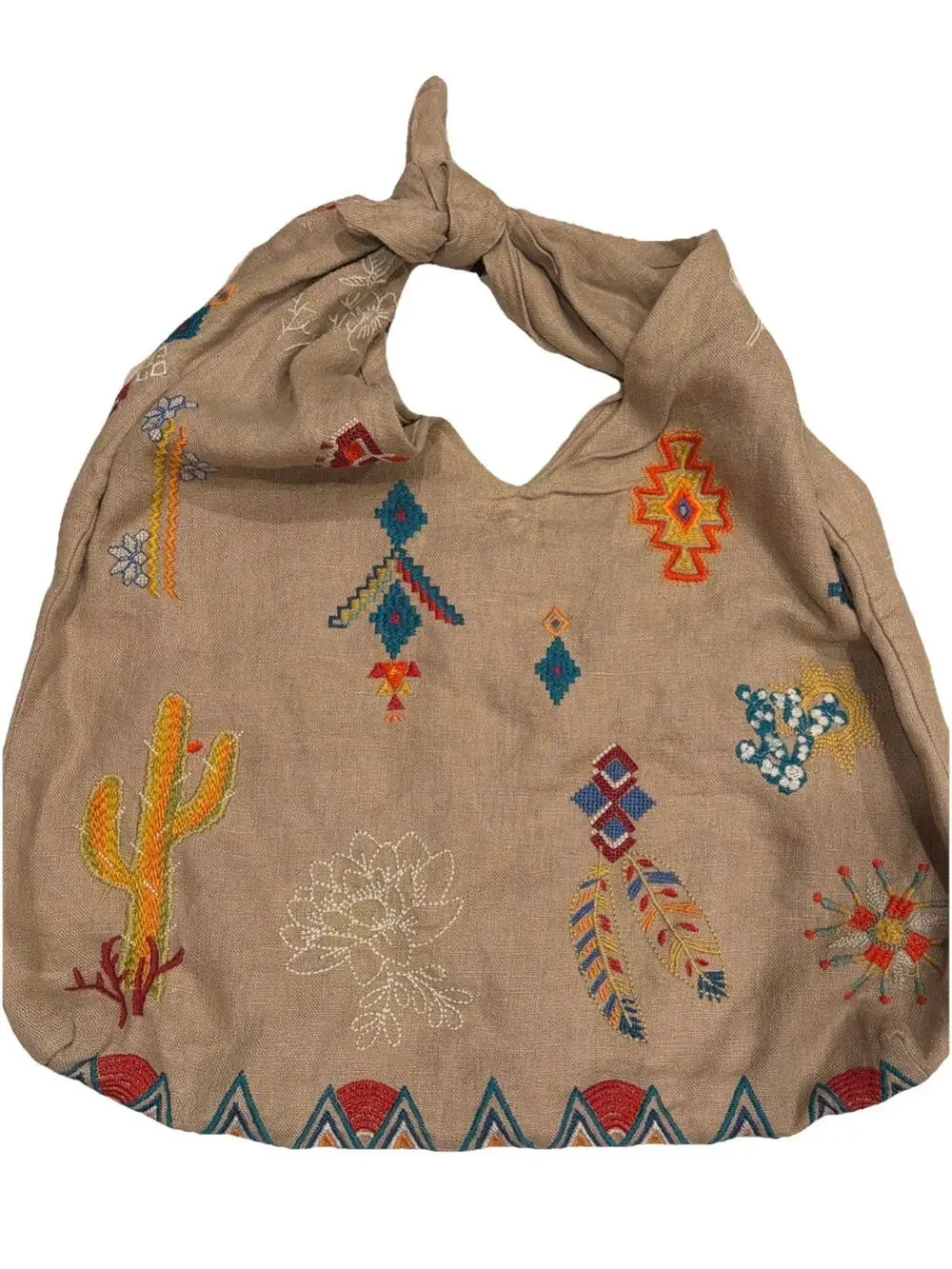 Johnny Was Los Angeles Hobo Bag Purse Linen Aztec Southwest Tie Knot SAGUARO Tan